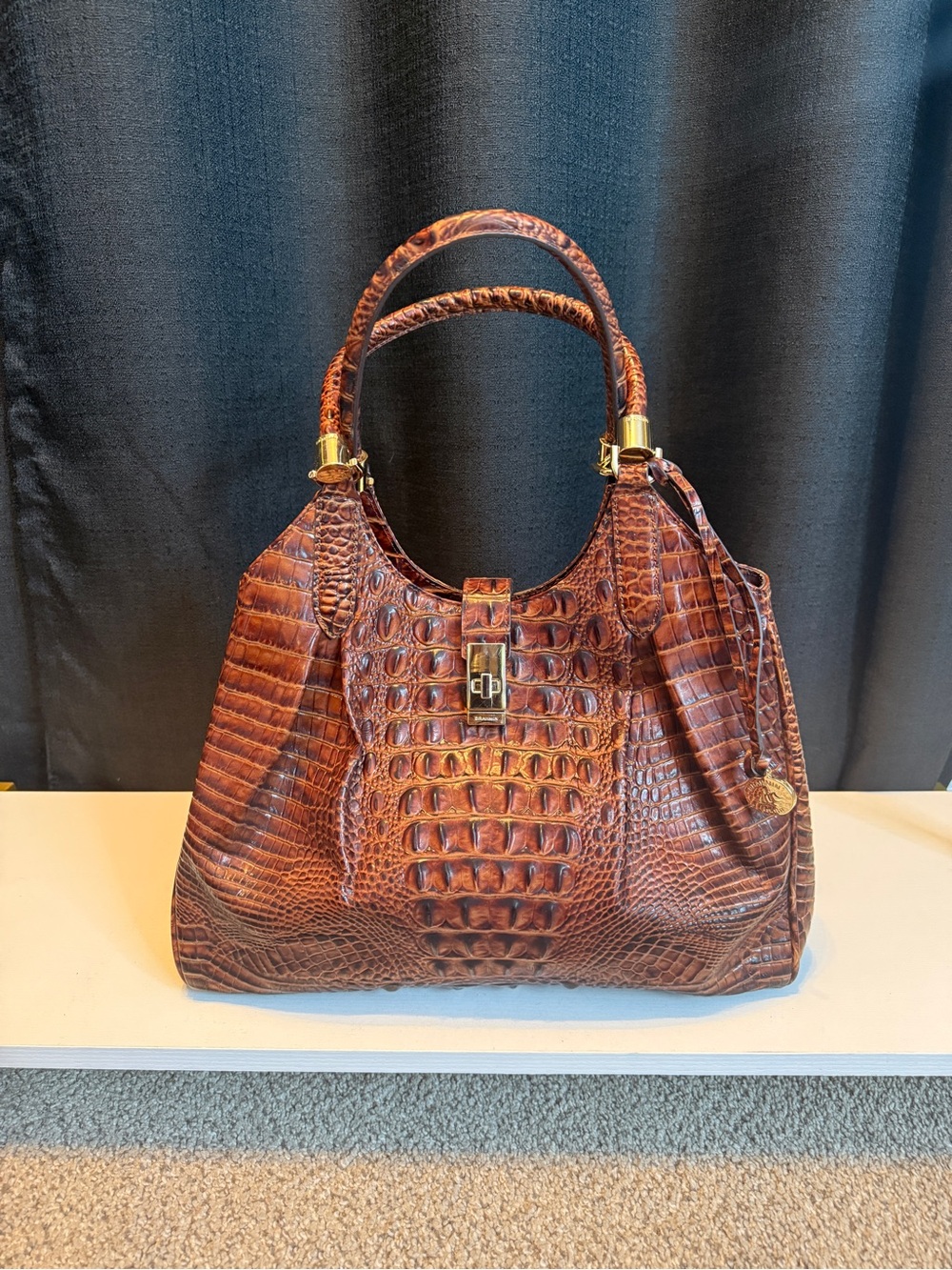 Brahmin Croc-Embossed Melbourne Elise Pecan Brown Leather Shoulder Bag
